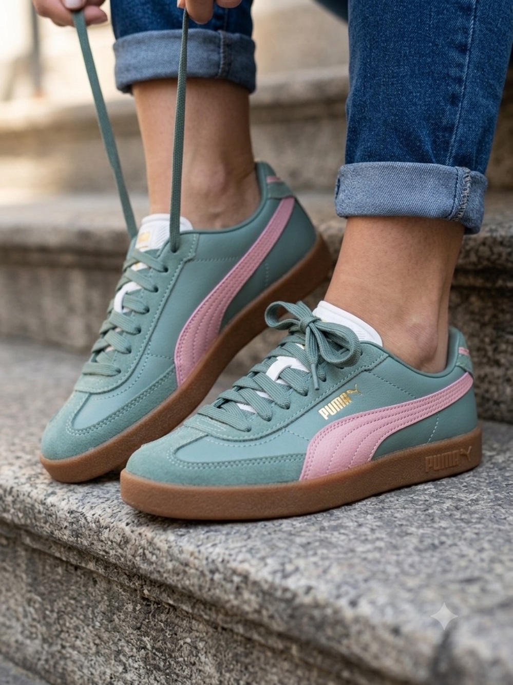 PUMA Women’s Sage Green Sneakers with Pink Stripe. Size 6